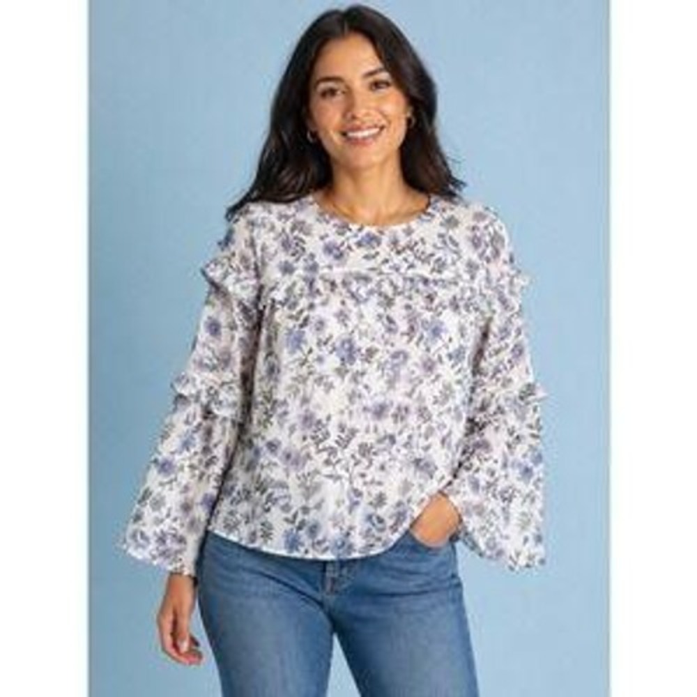 CeCe Floral Ruffle Bell Sleeve Blouse Top Women Size M White Blue Tiered Cottage